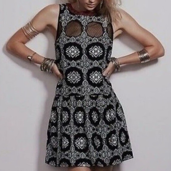 Free People Nights Embroidered Black & White Drop Waist Deep V Back Dress Size S - Picture 14 of 16